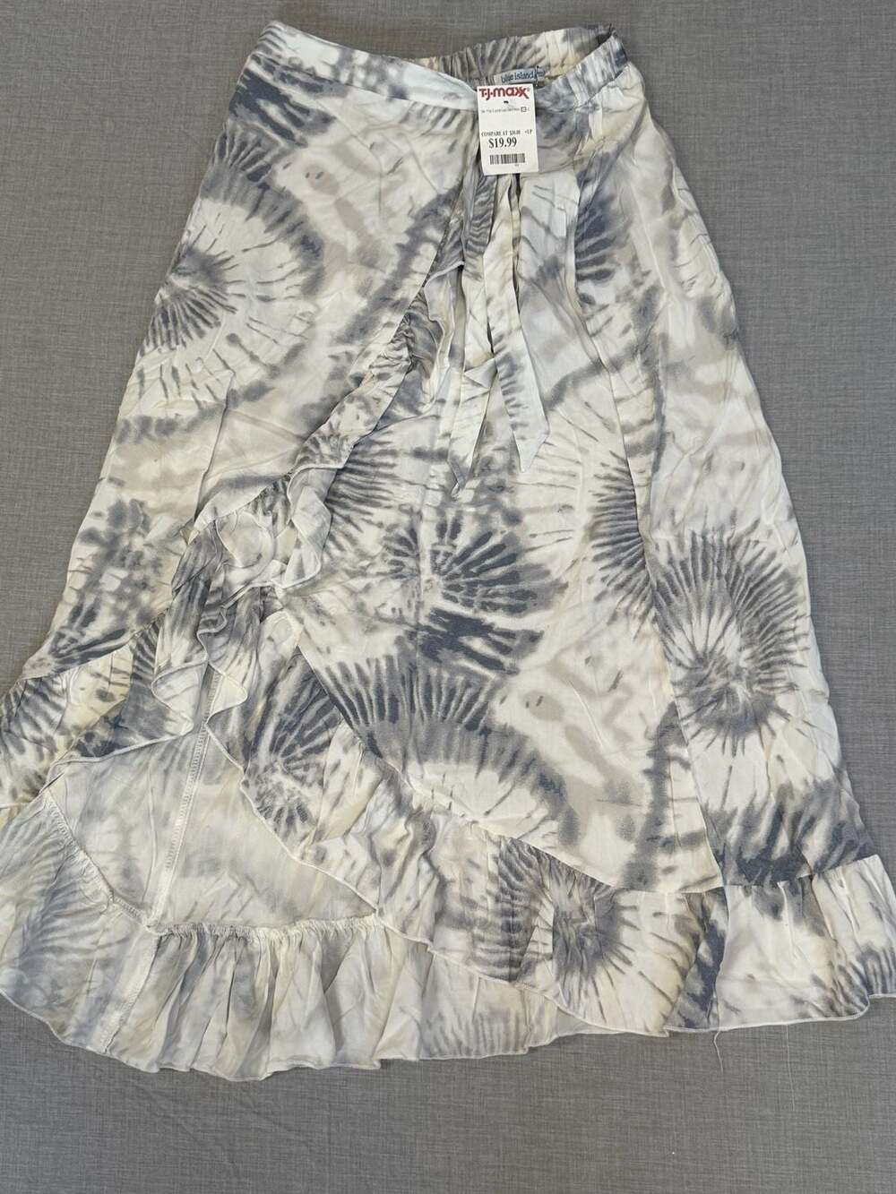 Blue Island Beach Gray and White Tie Dye Ruffle High-Low Wrap Skirt